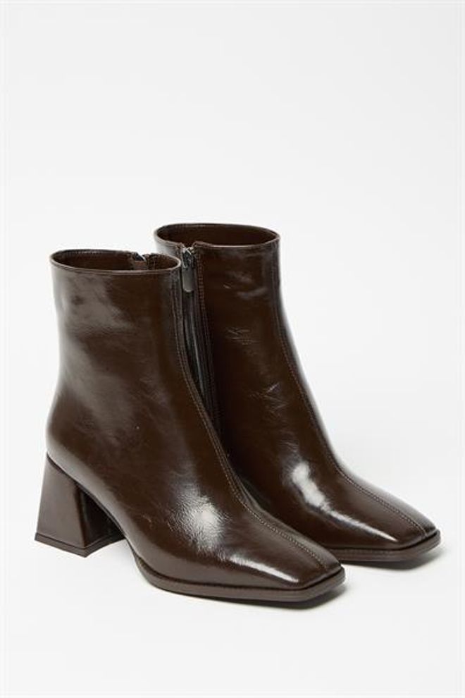 Madamra Stivali Da Donna In Pelle Verniciata Marrone E Tacchi A Bottone Con Cerniera In Pelle PU A Contrasto Elegante Abbigliamento all'ingrosso 1