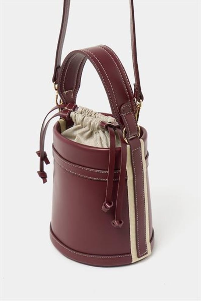 Madamra Contrast Stitched Bucket Hand And Shoulder Bag Burgundy Wholesale Clothing 0