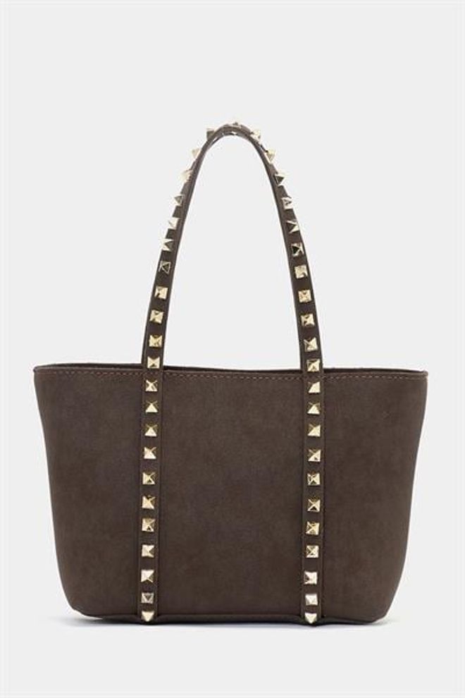 Madamra Küçük Boy Zımba Detaylı Pu Deri Tokalı El Ve Omuz Çantası Kahverengi Süet Toptan Giyim 3