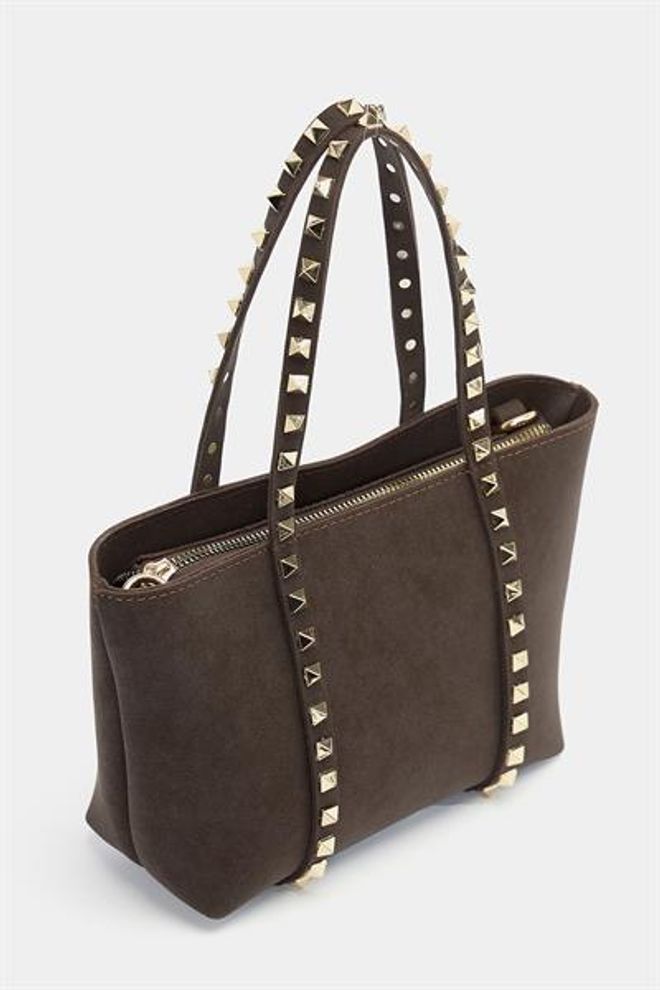 Madamra Küçük Boy Zımba Detaylı Pu Deri Tokalı El Ve Omuz Çantası Kahverengi Süet Toptan Giyim 2