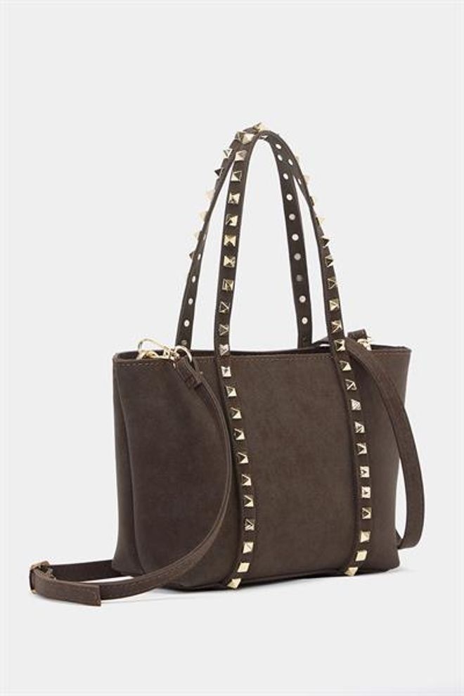 Madamra Küçük Boy Zımba Detaylı Pu Deri Tokalı El Ve Omuz Çantası Kahverengi Süet Toptan Giyim 1