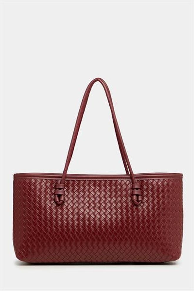 Madamra Örgü Desenli Pu Deri El Ve Omuz Çantası – Zarif Geniş Form Bordo Toptan Giyim 0