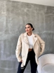 A wholesale clothing model wears 10003-leather-jacket-cream, Turkish wholesale  of 