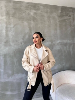 A wholesale clothing model wears 10003-leather-jacket-cream, Turkish wholesale Jacket of Maestro Woman