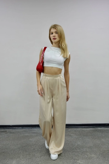 A wholesale clothing model wears  Satin Trousers - Beige
, Turkish wholesale Pants of Maestro Woman