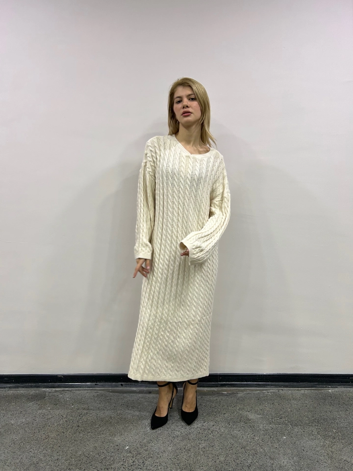 A wholesale clothing model wears mae10042-knitwear-dress-beige, Turkish wholesale Dress of Maestro Woman