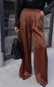 A wholesale clothing model wears mae10050-satin-trousers-light-brown, Turkish wholesale  of 