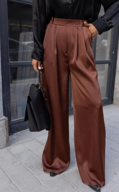 A wholesale clothing model wears mae10050-satin-trousers-light-brown, Turkish wholesale Pants of Maestro Woman