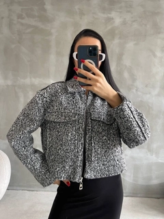 A wholesale clothing model wears mae10052-zippered-plush-coat-black-gray, Turkish wholesale Coat of Maestro Woman