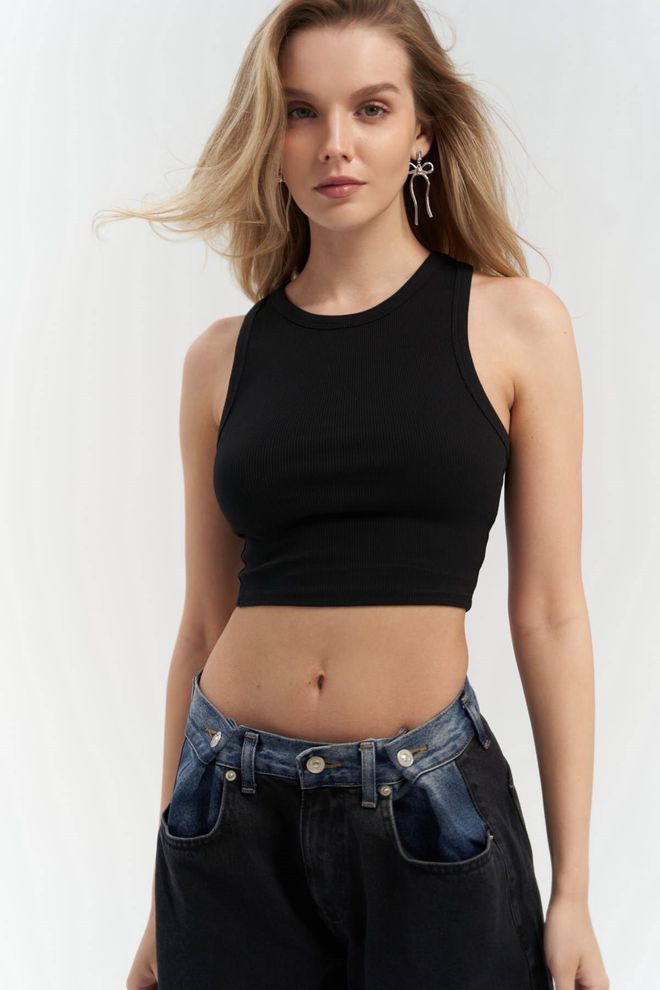 Mai Collection Crop Noir À Col Licou Côtelé Fleur Vêtements en gros Décontracté