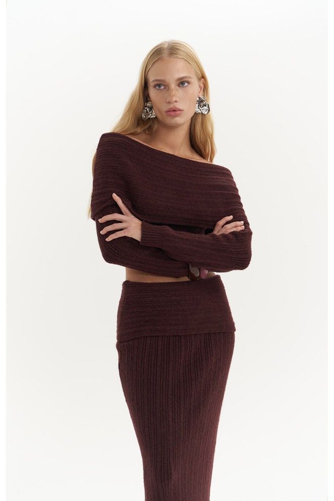Mai Collection Sevara Carmen Collar Burgundy Knitwear Set Wholesale Clothing 0