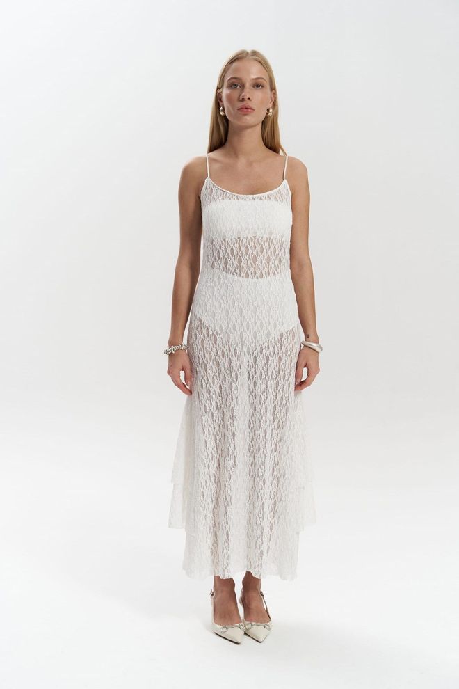 Mai Collection Hand Lace Ecru Long Dress Wholesale Clothing Polyester