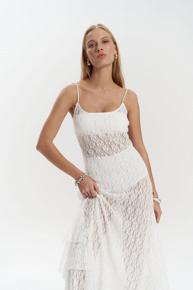 Mai Collection Hand Lace Ecru Long Dress Wholesale Clothing Elegant