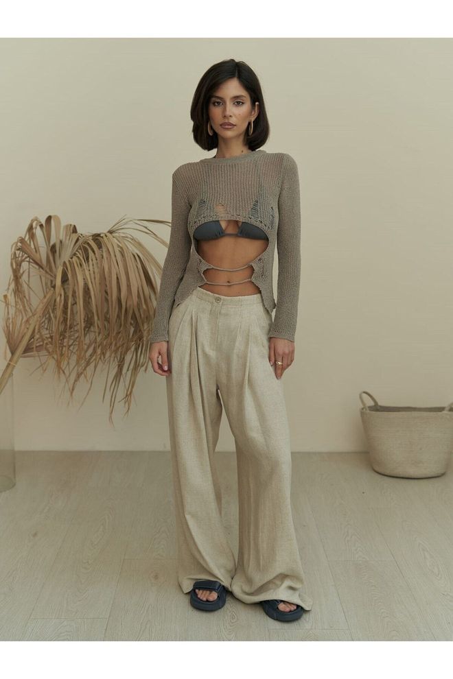 Mai Collection Mahoney Bež Lanene Hlače Palazzo Oblačila na debelo Ležerno