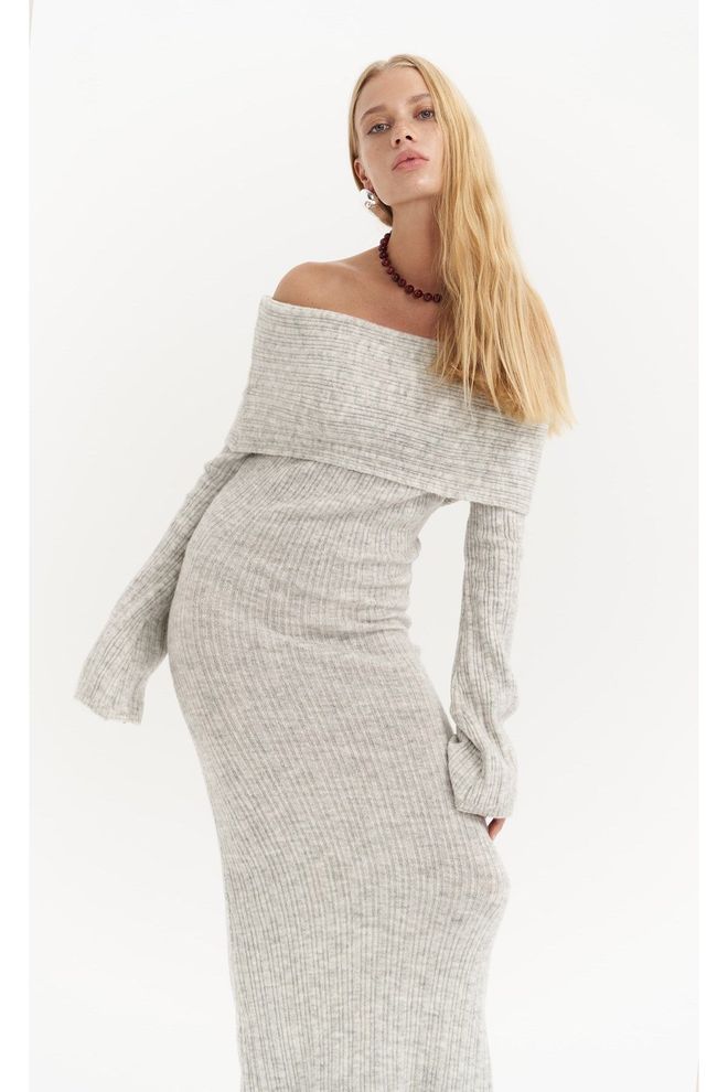 Mai Collection Valencia Carmen Collar Grey Long Knitwear Dress Wholesale Clothing 0