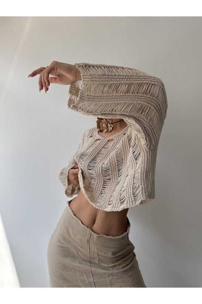 Mai Collection Colheita De Malha Orgânica Bege Openwork Roupas por atacado Casual