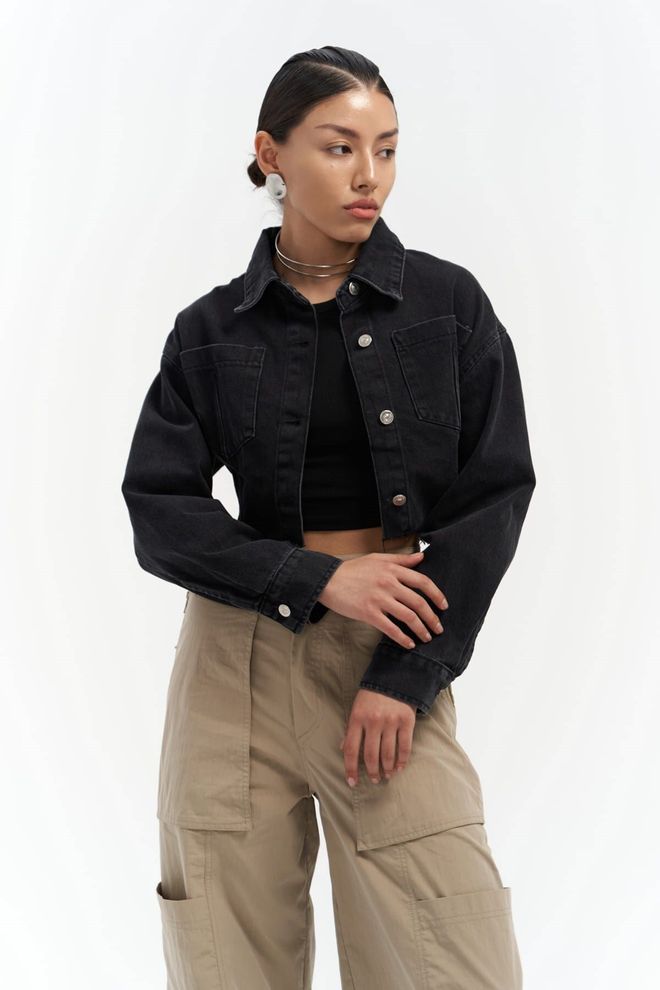 Mai Collection Darcey Črna Kratka Jeanska Jakna Oblačila na debelo Ležerno