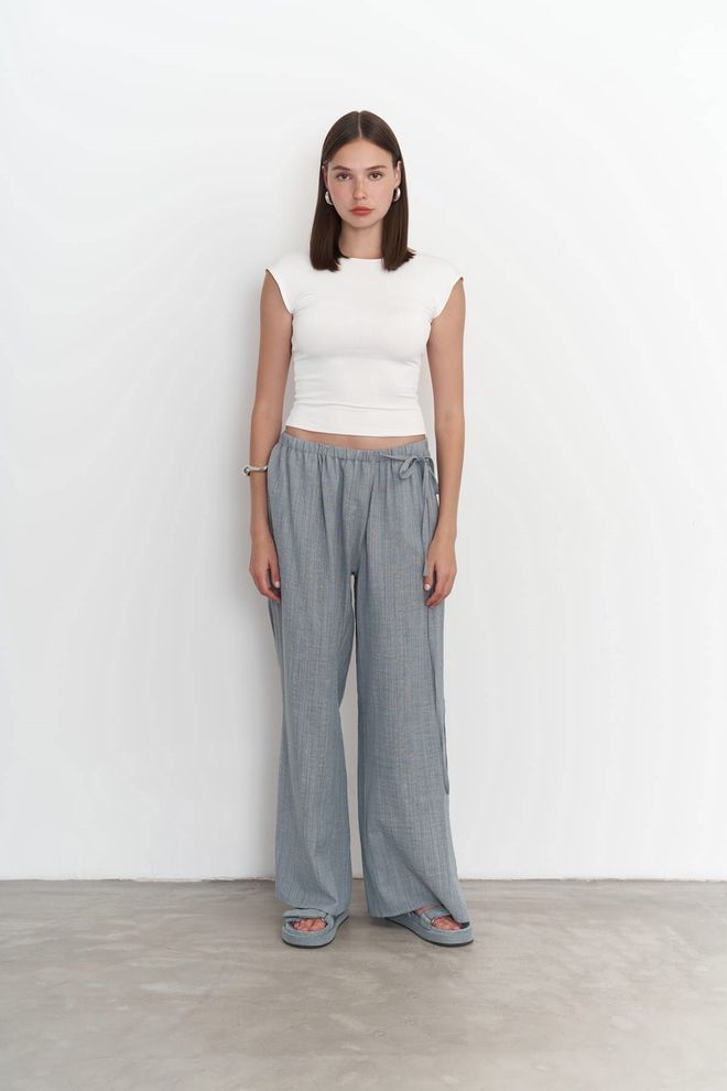 Mai Collection Harmony Side Tie Blue Pants Wholesale Clothing Polyester