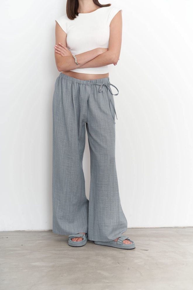 Mai Collection Harmony Side Tie Blue Pants Wholesale Clothing Boho