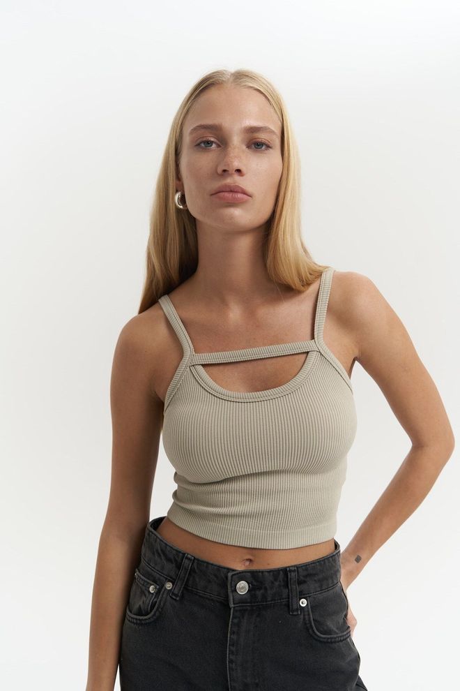 Mai Collection Noam Soft Haki Ön Detay Fitilli Crop Toptan Giyim Gündelik