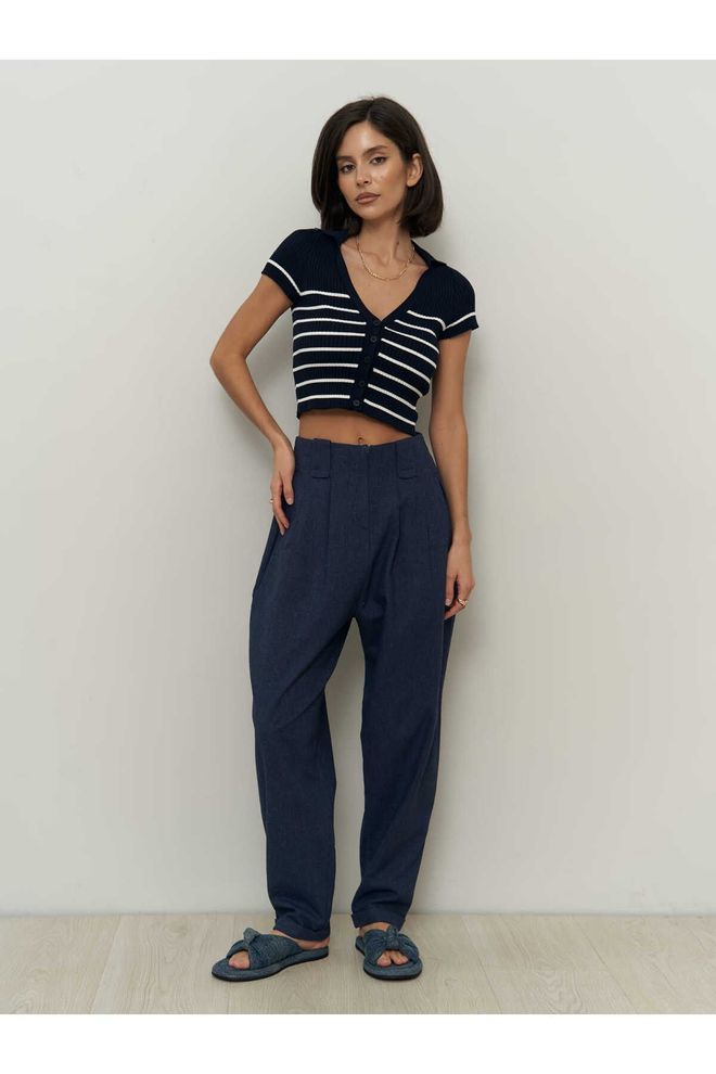 Mai Collection Carrot Navy Blue Ľanové Nohavice Veľkoobchod s oblečením Elegantný
