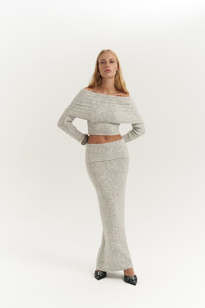 Mai Collection Sevara Carmen Collar Grey Knitwear Suit Wholesale Clothing 0