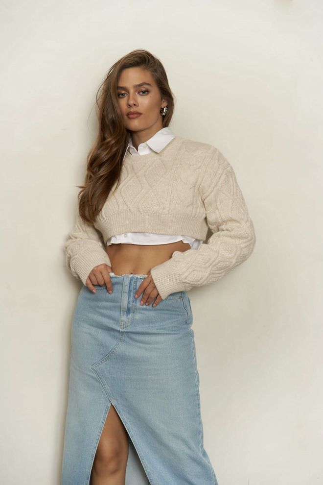 Mai Collection Pull Court Beige Mohan Vêtements en gros Décontracté