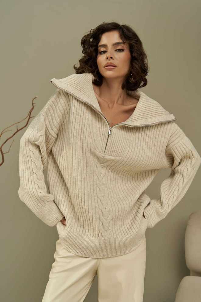 Mai Collection Mai Rika Strickpullover Mit Reißverschluss Aus Haargeflecht Beige Großhandelskleidung 0