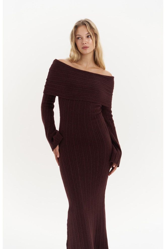 Mai Collection Valencia Carmen Collar Burgundy Long Knitwear Dress Wholesale Clothing 0