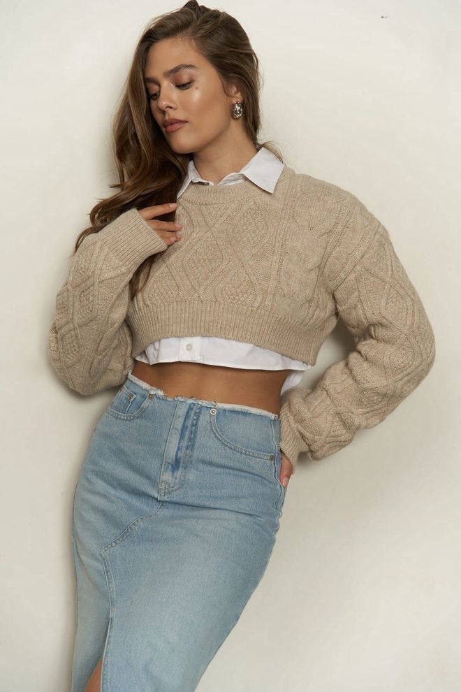 Mai Collection Pull Court Mohan Beige Foncé Vêtements en gros Décontracté