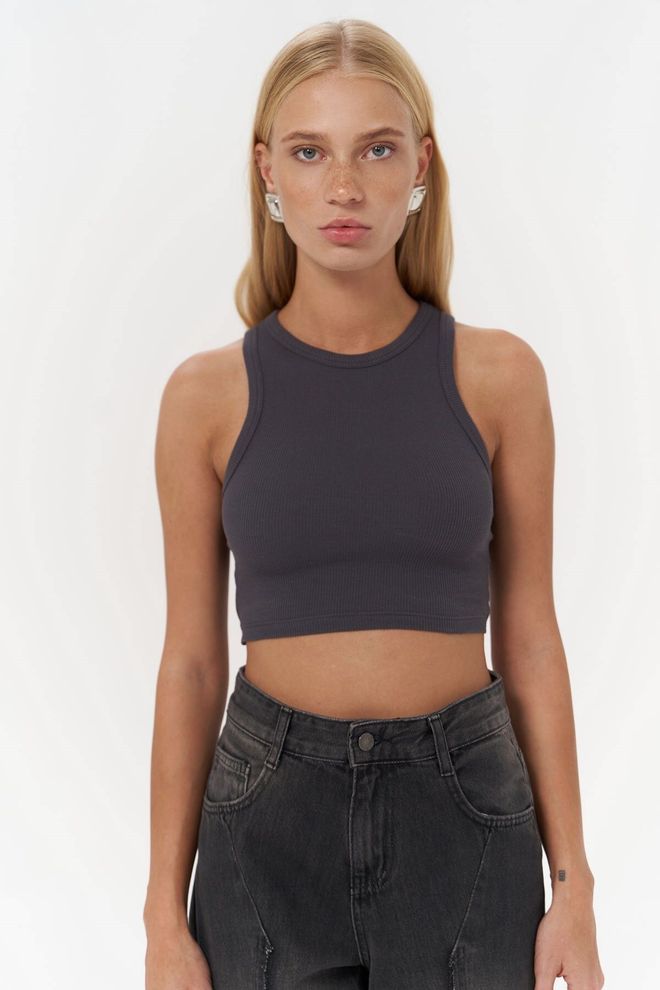 Mai Collection Col Licou Côtelé En Forme De Fleur Couleur Anthracite Vêtements en gros Décontracté