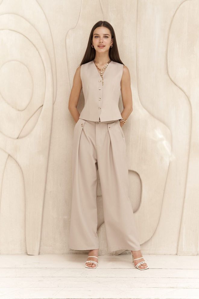 Mai Collection Detailné Tmavo Béžové Nohavice Diaz Button Veľkoobchod s oblečením Elegantný