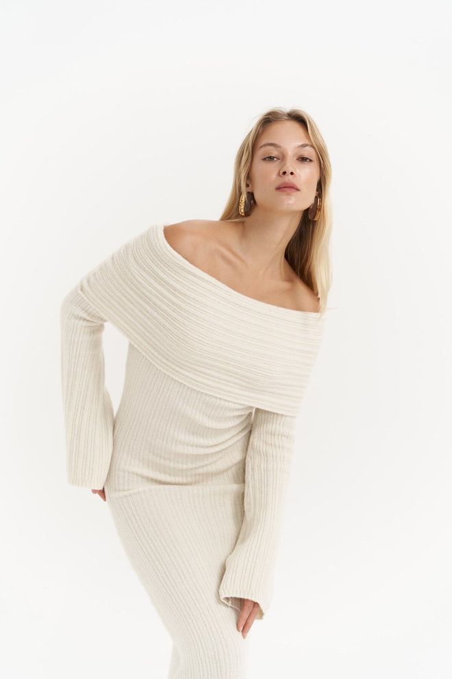Mai Collection Valencia Carmen Collar Ecru Long Knitwear Dress Wholesale Clothing 0