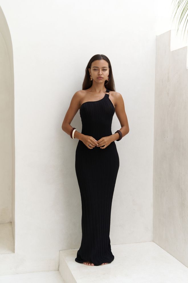 Mai Collection Endah Halka Detaylı Asimetrik Uzun Triko Elbise Toptan Giyim Yaz