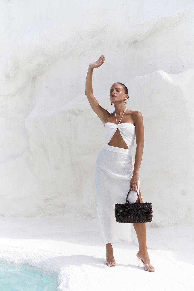 Mai Collection White Halter Neck Wrap Midi Dress Wholesale Clothing Beach