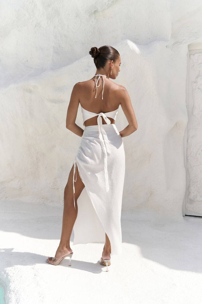 Mai Collection White Halter Neck Wrap Midi Dress Wholesale Clothing Summer