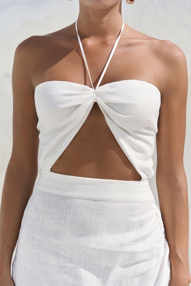 Mai Collection White Halter Neck Wrap Midi Dress Wholesale Clothing Party
