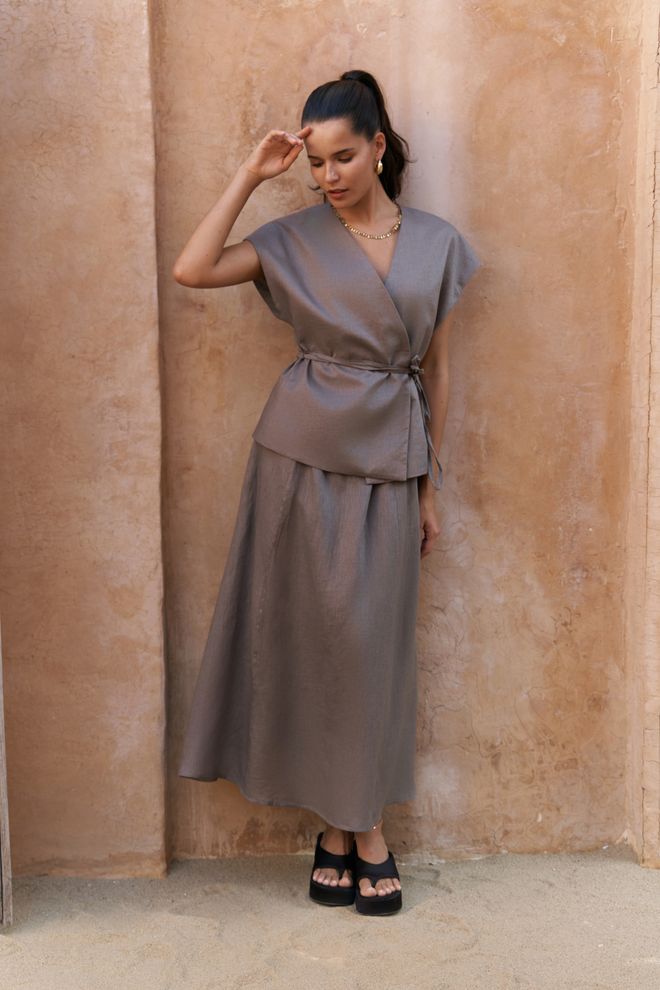 Mai Collection Conjunto Castanho Elegante Com Fecho De Laço Saia Maxi Rodada Roupas por atacado Modesto