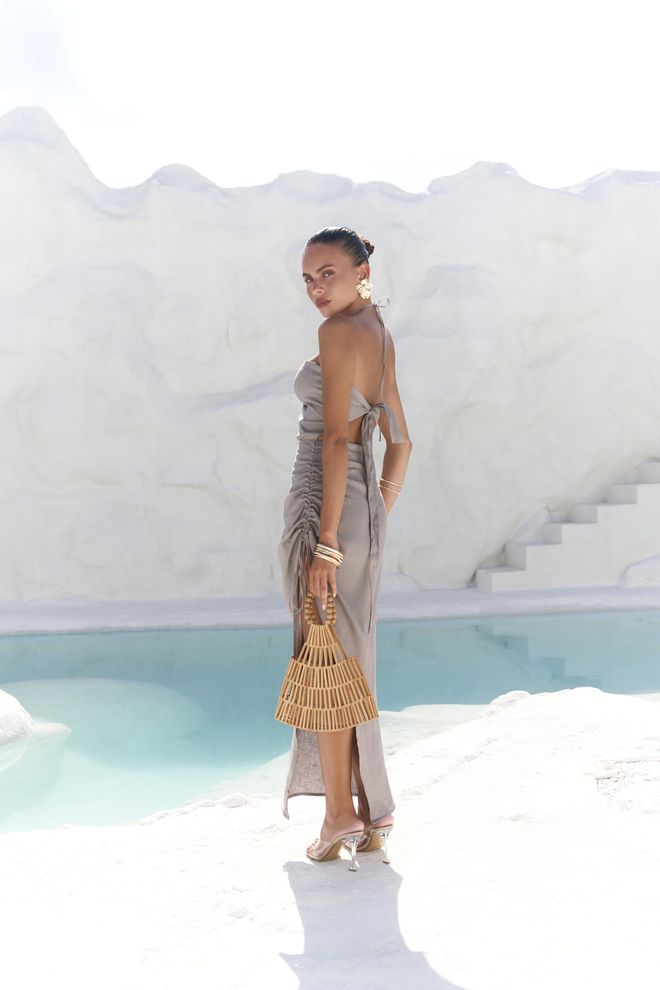 Mai Collection Beige Strapless Cut Out Maxi Dress With Cap Sleeves Wholesale Clothing Spring