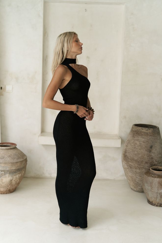 Mai Collection Schwarzes Bodycon Maxi Kleid Mit Ein Schulter Ausschnitt Großhandelskleidung Frühling