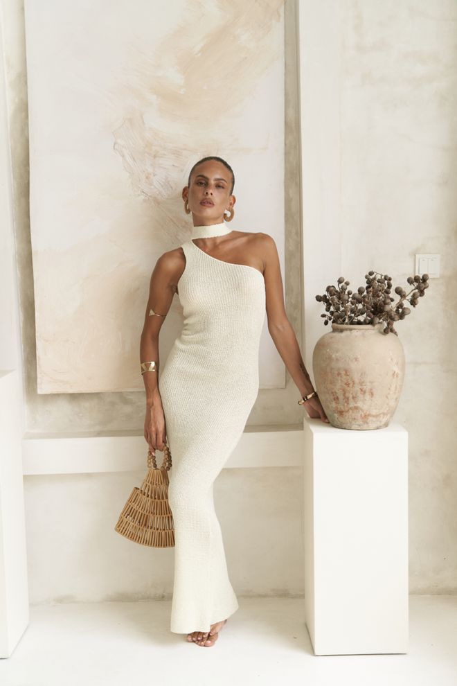 Mai Collection Ecru Glam Bodycon Maxi Kleid Großhandelskleidung Cocktail