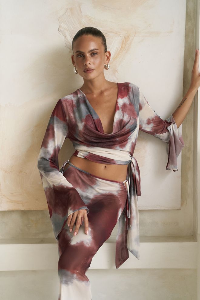 Mai Collection Conjunto Boho Vermelho Clarete Com Padrão Tie Dye Roupas por atacado Casual