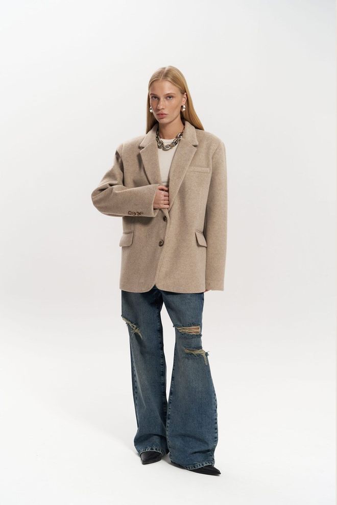 Mai Collection Μπεζ Μπουφάν Μπλέιζερ Single breasted Oversized Χονδρικό εμπόριο ενδυμάτων Εργασία
