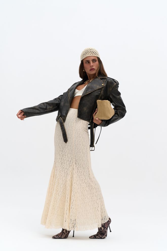 Mai Collection Bej Balık Maksi Etek Yüksek Bel Lastikli Toptan Giyim Gündelik