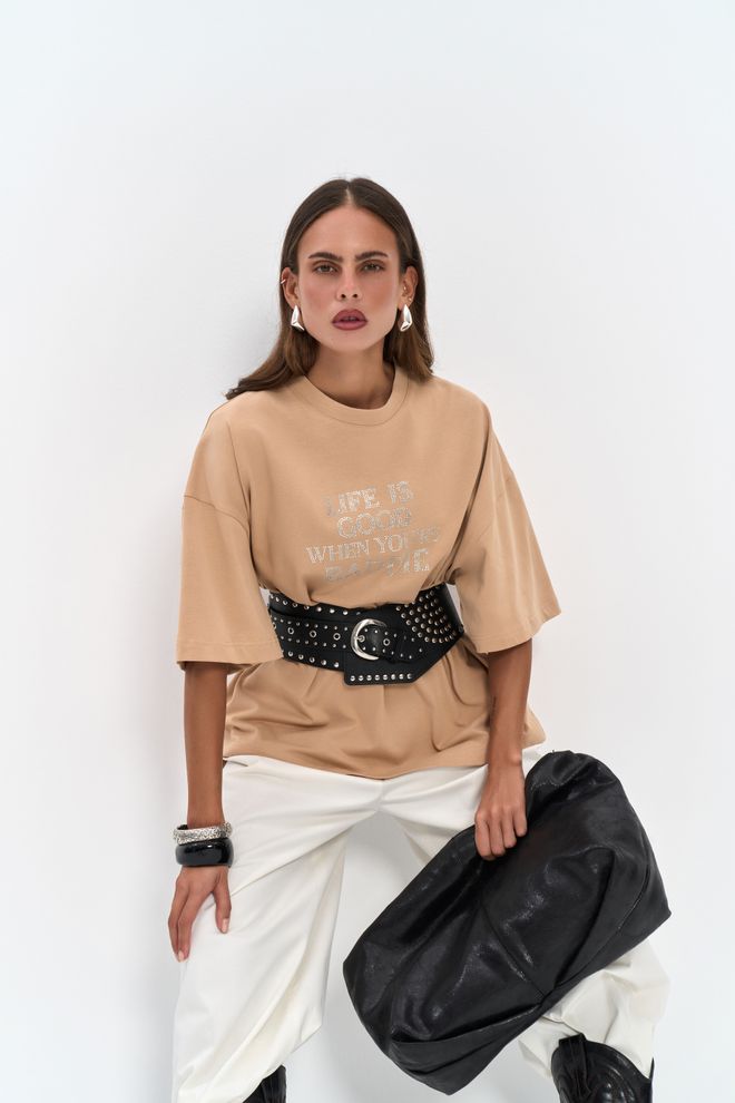 Mai Collection Maglietta Beige Oversize Casual Con Maniche Mezzo Lunghe E Scollo Girocollo Abbigliamento all'ingrosso Casuale