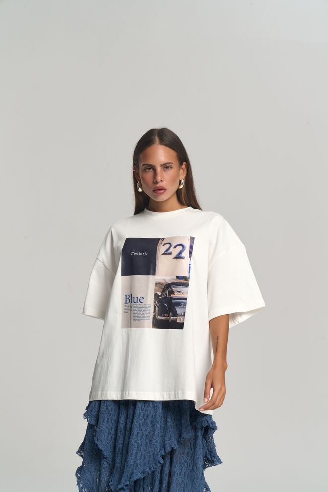 Mai Collection Бяла Тениска С Оувърсайз И Печат На Букви Дрехи на едро Небрежен