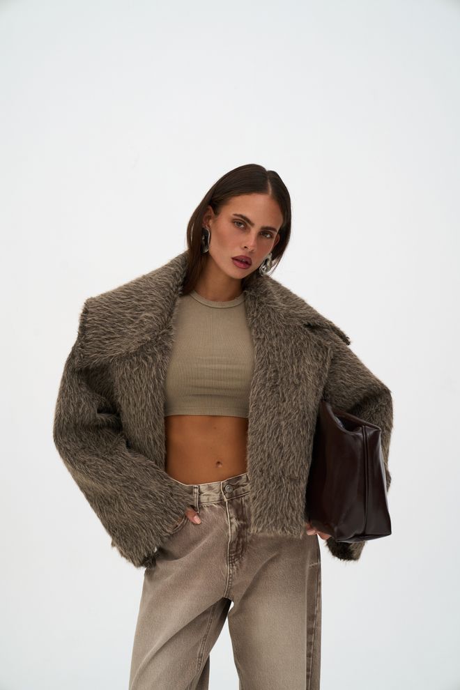 Mai Collection Brown Fur Jacket With Notched Collar Wholesale Clothing Casual