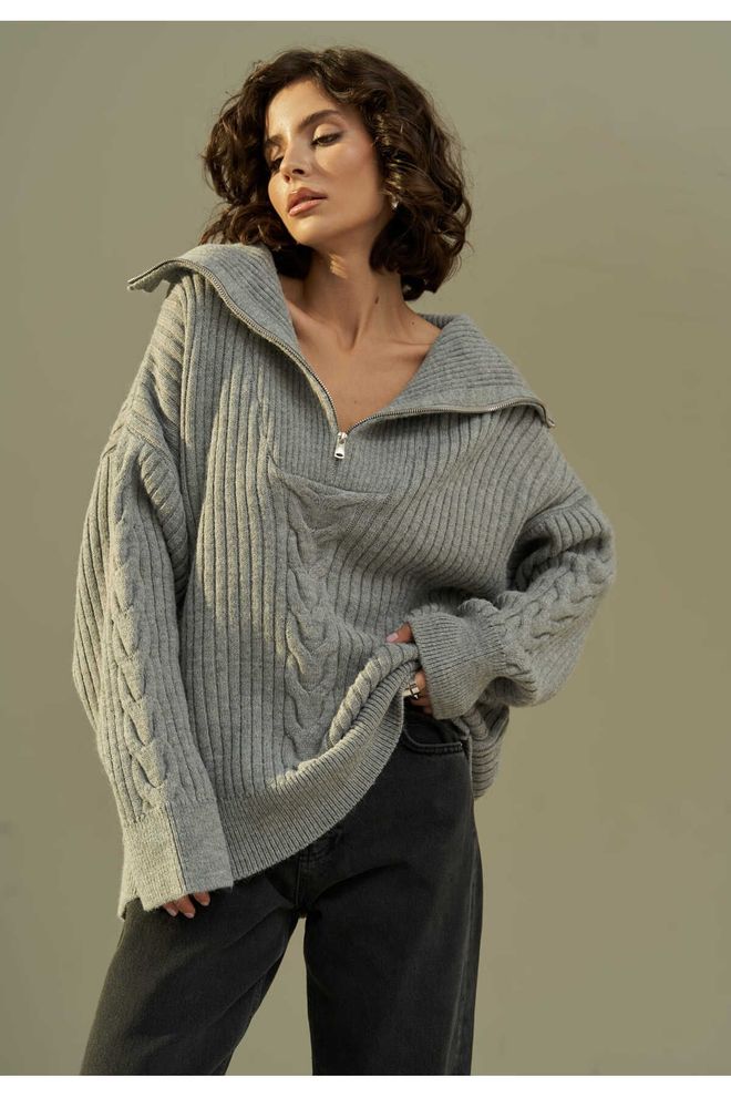 Mai Collection Grey Oversized V Neck Sweater Wholesale Clothing Casual