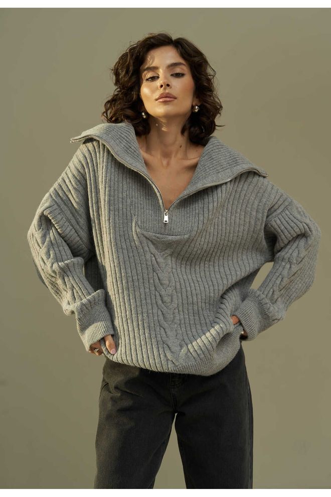 Mai Collection Grey Oversized V Neck Sweater Wholesale Clothing 1