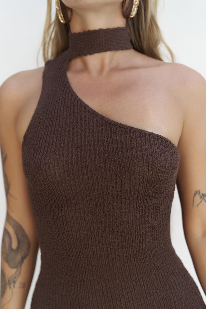 Mai Collection Καφέ Αμάνικο Μίνι Φόρεμα Bodycon Με Εναν Ωμο Χονδρικό εμπόριο ενδυμάτων Καλοκαίρι